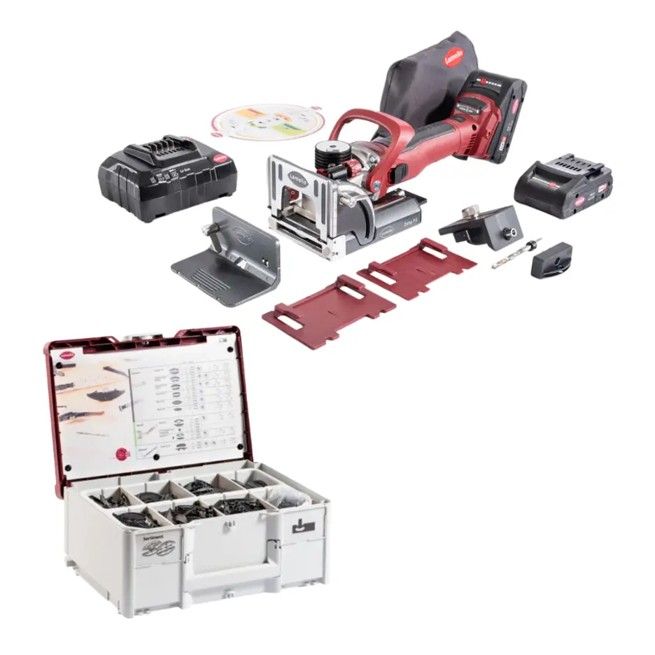 Lamello Zeta P2 Cordless Biscuit Joiner Kit With Diamond Blade And Jubilee P-System Basic Connector Assortment Zeta-18-Promokit-D 1